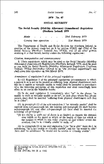 The Social Security (Mobility Allowance) (Amendment) Regulations (Northern Ireland) 1979