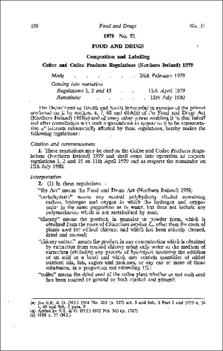 The Coffee and Coffee Products Regulations (Northern Ireland) 1979