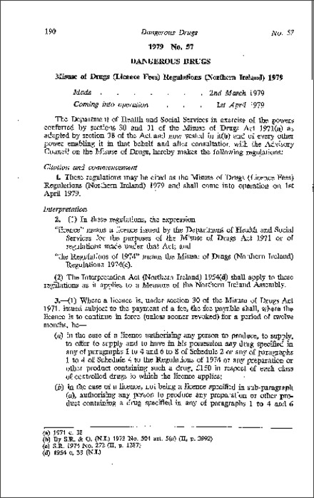 The Misuse of Drugs (Licence Fees) Regulations (Northern Ireland) 1979
