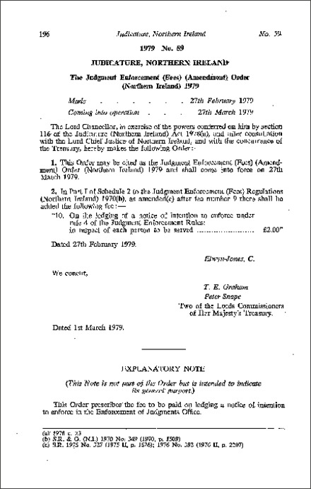 The Judgment Enforcement (Fees) (Amendment) Order (Northern Ireland) 1979