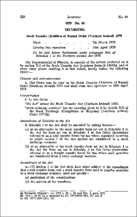 The Stock Transfer (Addition of Forms) Order (Northern Ireland) 1979