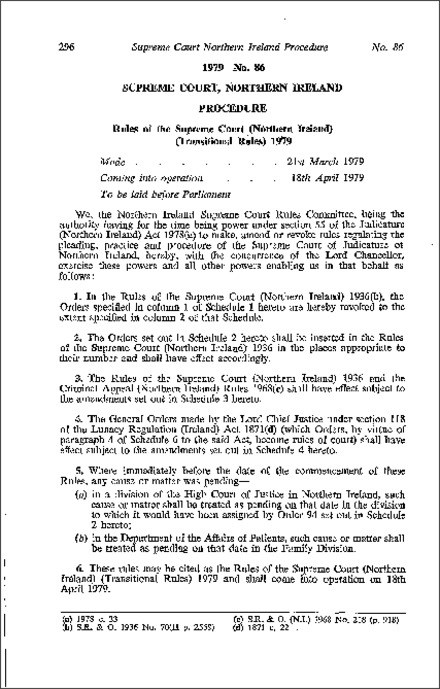 The Rules of the Supreme Court (Northern Ireland) (Transitional Rules) (Northern Ireland) 1979