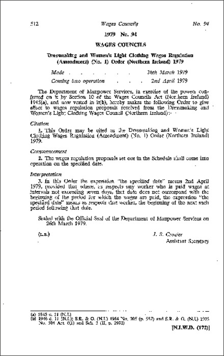The Dressmaking and Women's Light Clothing Wages Regulation (Amendment) (No. 1) Order (Northern Ireland) 1979