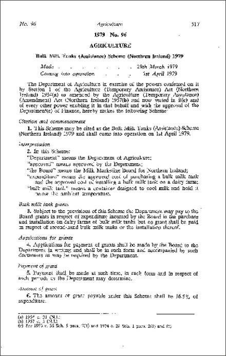 The Bulk Milk Tanks (Assistance) Scheme (Northern Ireland) 1979