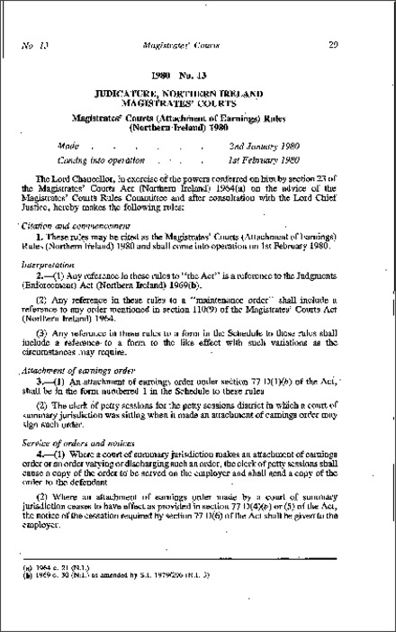 The Magistrates' Courts (Attachment of Earnings) Rules (Northern Ireland) 1980