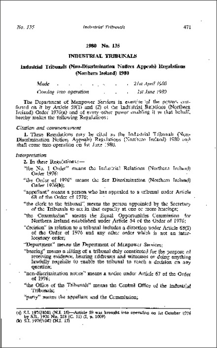 The Industrial Tribunals (Non-Discrimination Notices Appeals) Regulations (Northern Ireland) 1980