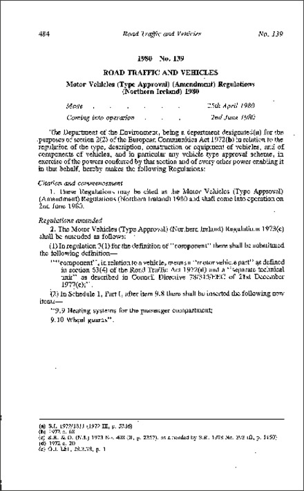 The Motor Vehicles (Type Approval) (Amendment) Regulations (Northern Ireland) 1980