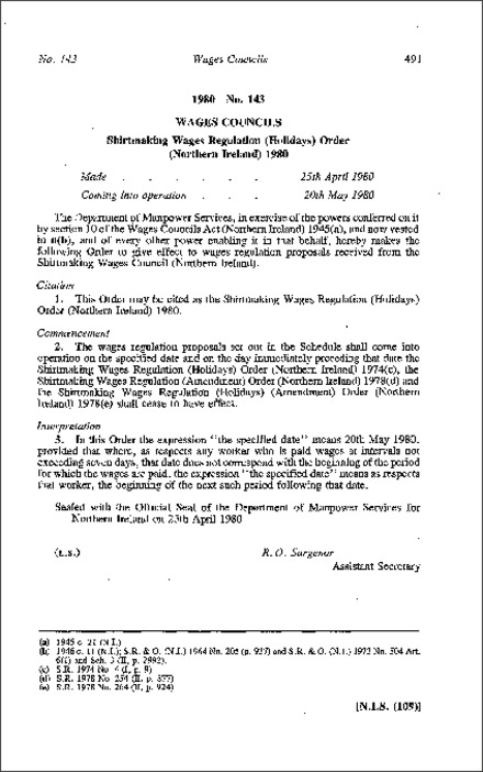 The Shirtmaking Wages Regulation (Holidays) Order (Northern Ireland) 1980