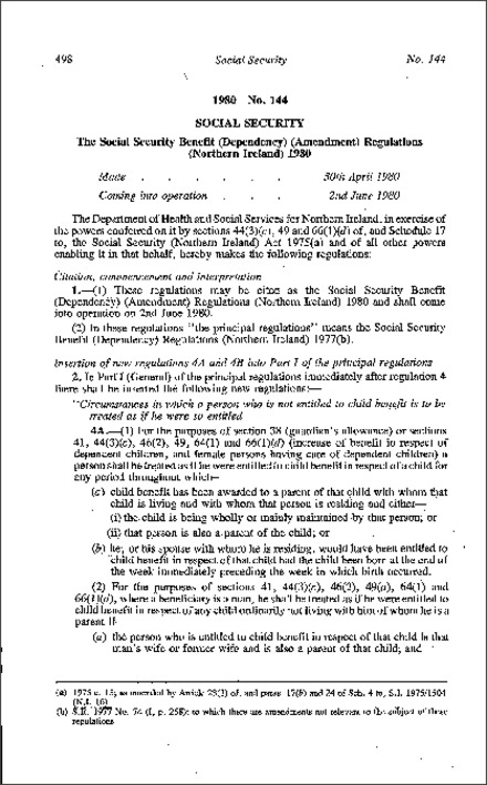 The Social Security Benefit (Dependency) (Amendment) Regulations (Northern Ireland) 1980
