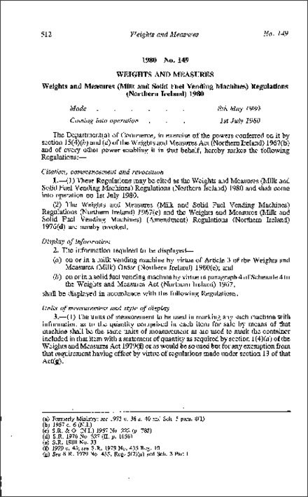 The Weights and Measures (Milk and Solid Fuel Vending Machines) Regulations (Northern Ireland) 1980