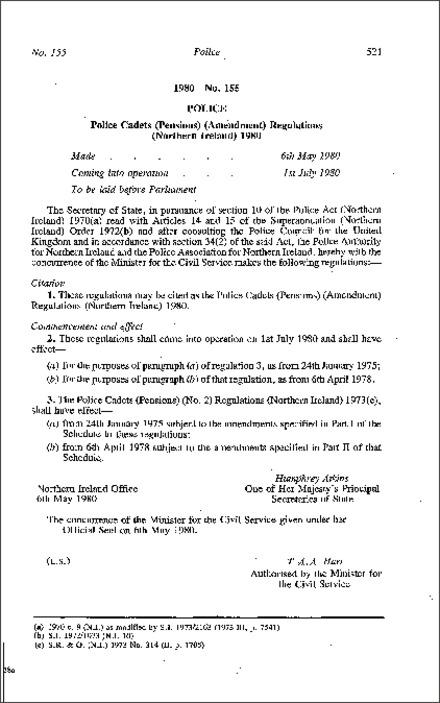 The Police Cadets (Pensions) (Amendment) Regulations (Northern Ireland) 1980