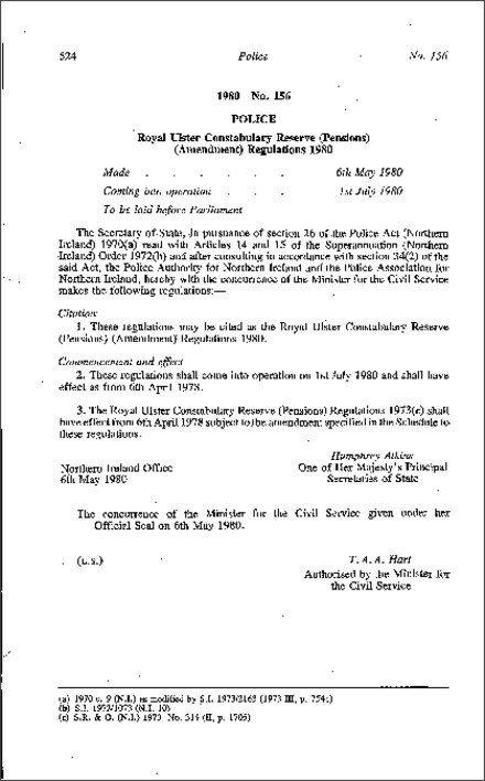 The Royal Ulster Constabulary Reserve (Pensions) (Amendment) Regulations (Northern Ireland) 1980