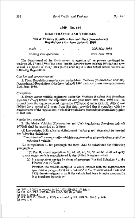 The Motor Vehicles (Construction and Use) (Amendment) Regulations (Northern Ireland) 1980