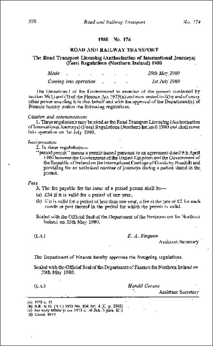 The Road Transport Licensing (Authorisation of International Journeys) (Fees) Regulations (Northern Ireland) 1980