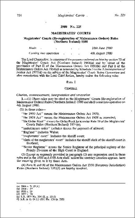 The Magistrates' Courts (Re-registration of Maintenance Orders) Rules (Northern Ireland) 1980