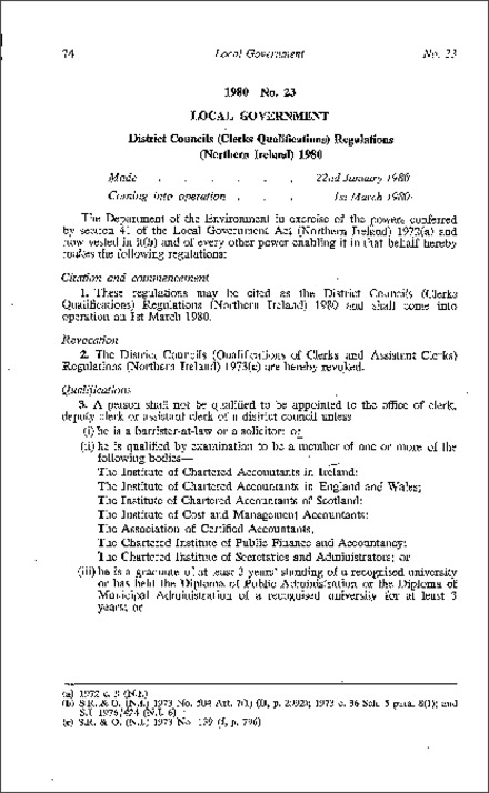 The District Councils (Clerks Qualifications) Regulations (Northern Ireland) 1980