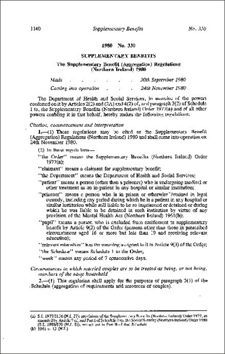 The Supplementary Benefit (Aggregation) Regulations (Northern Ireland) 1980