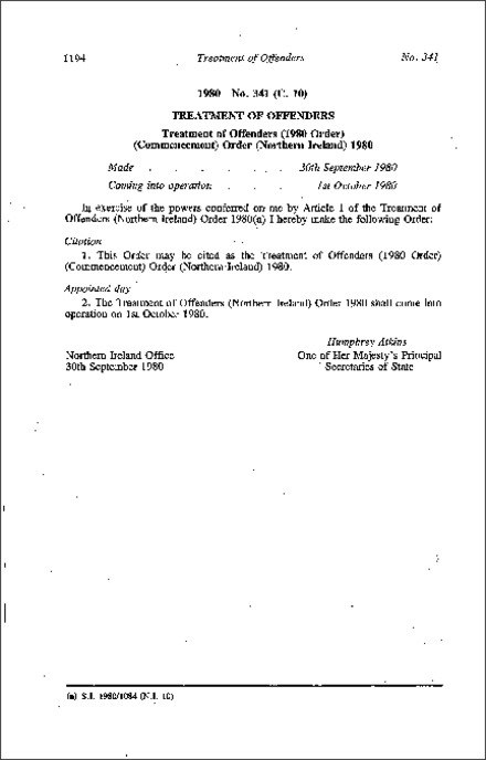 The Treatment of Offenders (1980 Order) (Commencement) Order (Northern Ireland) 1980