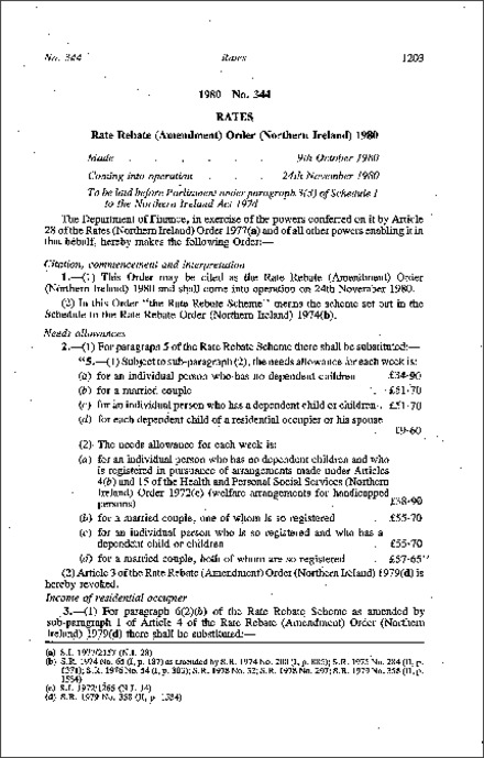 The Rate Rebate (Amendment) Order (Northern Ireland) 1980