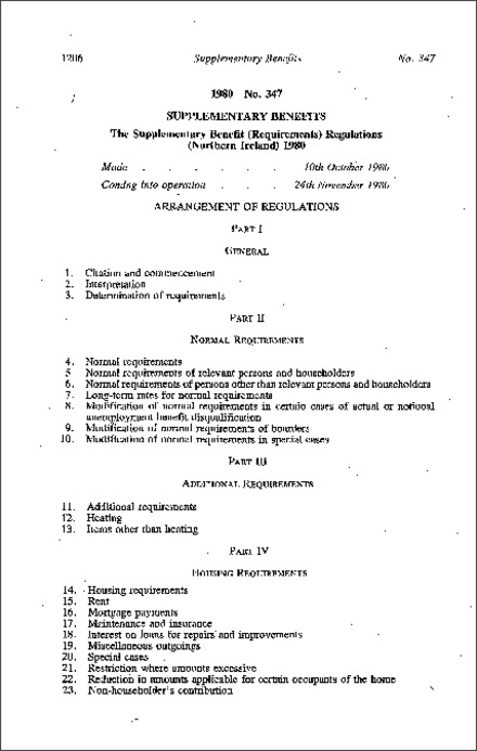 The Supplementary Benefit (Requirements) Regulations (Northern Ireland) 1980