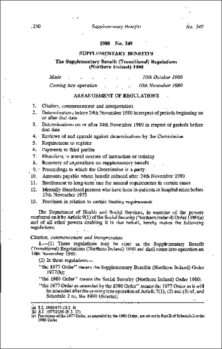 The Supplementary Benefit (Transitional) Regulations (Northern Ireland) 1980