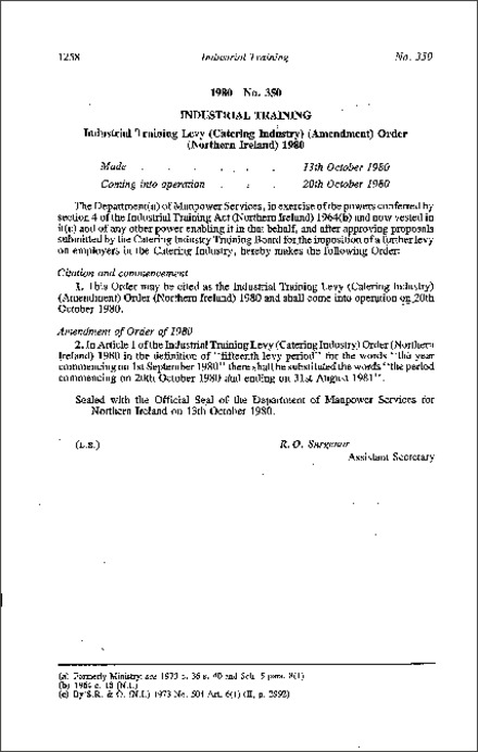 The Industrial Training Levy (Catering Industry) (Amendment) Order (Northern Ireland) 1980