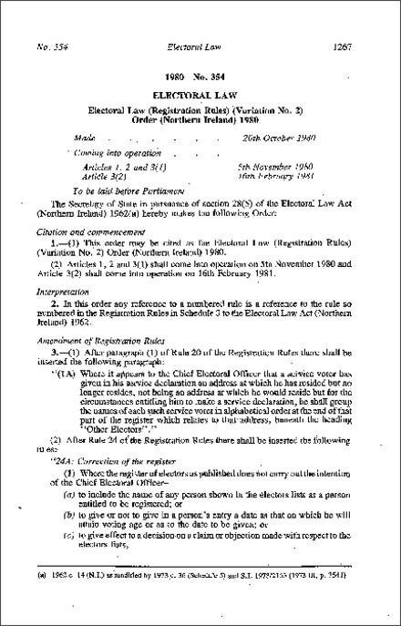 The Electoral Law (Registration Rules) (Variation No. 2) Order (Northern Ireland) 1980