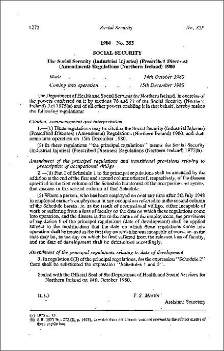 The Social Security (Industrial Injuries) (Prescribed Diseases) (Amendment) Regulations (Northern Ireland) 1980