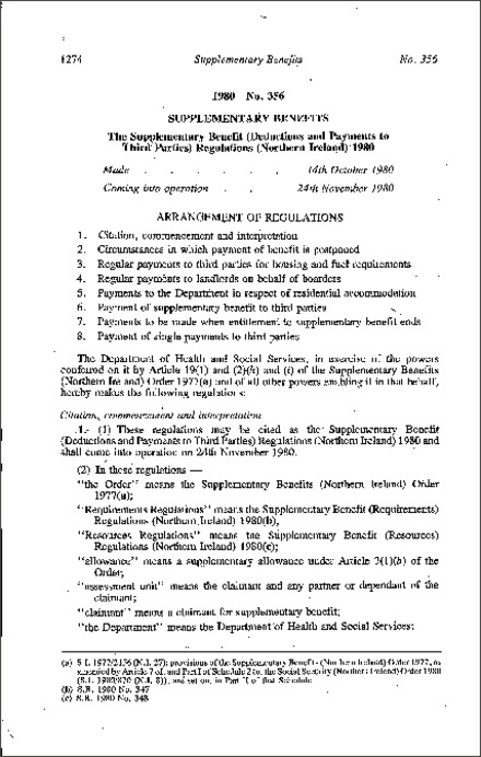 The Supplementary Benefit (Deductions and Payments to Third Parties) Regulations (Northern Ireland) 1980