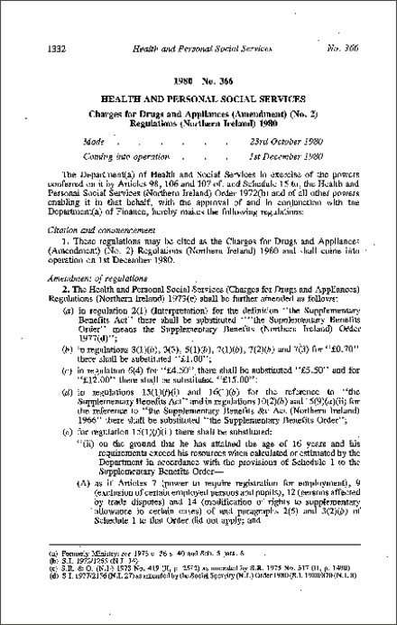 The Charges for Drugs and Appliances (Amendment) (No. 2) Regulations (Northern Ireland) 1980