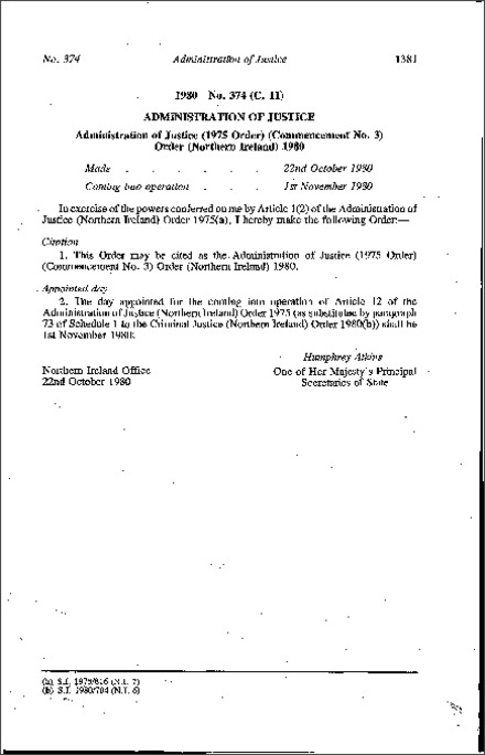 The Administration of Justice (1975 Order) (Commencement No. 3) Order (Northern Ireland) 1980