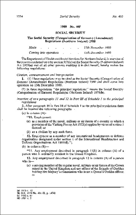 The Social Security (Categorisation of Earners) (Amendment) Regulations (Northern Ireland) 1980