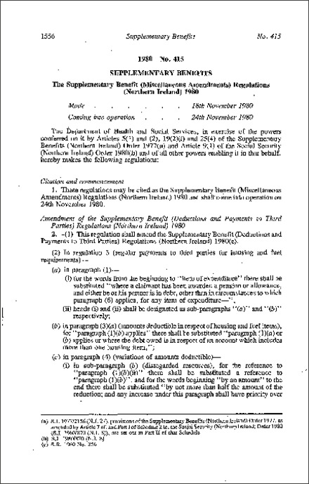 The Supplementary Benefit (Miscellaneous Amendment) Regulations (Northern Ireland) 1980