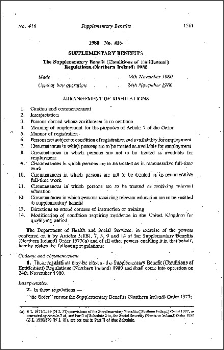 The Supplementary Benefit (Conditions of Entitlement) Regulations (Northern Ireland) 1980