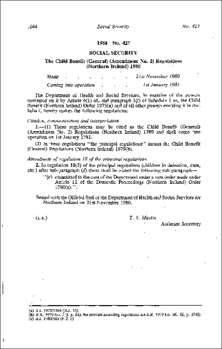The Child Benefit (General) (Amendment No. 2) Regulations (Northern Ireland) 1980