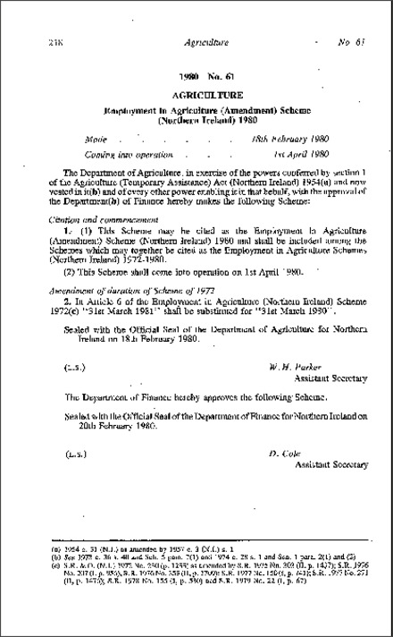 The Employment in Agriculture (Amendment) Scheme (Northern Ireland) 1980