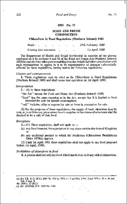 The Chloroform in Food Regulations (Northern Ireland) 1980