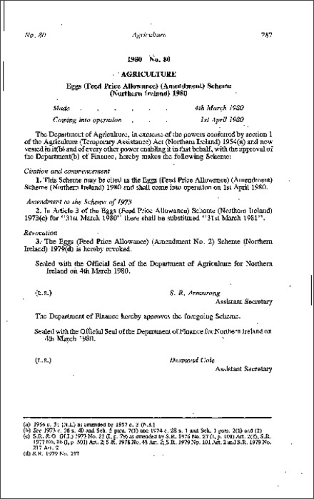 The Eggs (Feed Price Allowance) (Amendment) Scheme (Northern Ireland) 1980