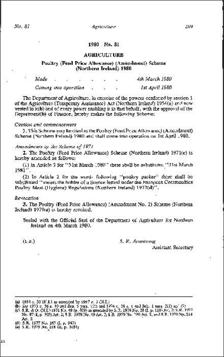 The Poultry (Feed Price Allowance) (Amendment) Scheme (Northern Ireland) 1980