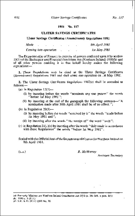 The Ulster Savings Certificates (Amendment) Regulations (Northern Ireland) 1981