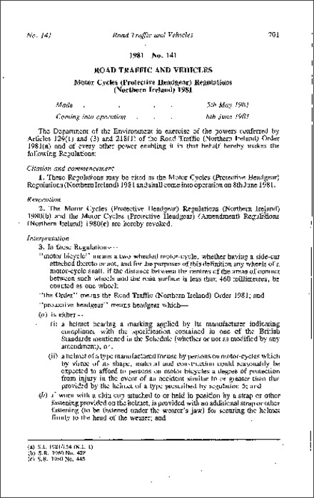 The Motor Cycles (Protective Headgear) Regulations (Northern Ireland) 1981