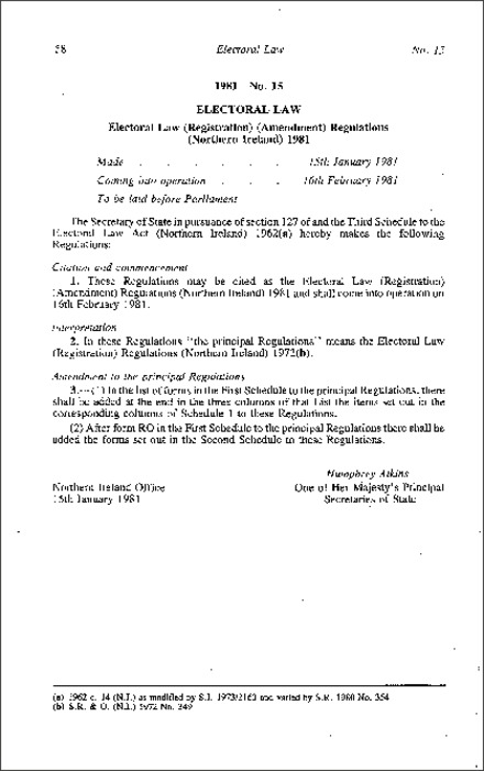 The Electoral Law (Registration) (Amendment) Regulations (Northern Ireland) 1981