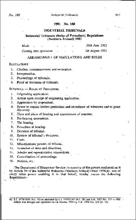 The Industrial Tribunals (Rules of Procedure) Regulations (Northern Ireland) 1981