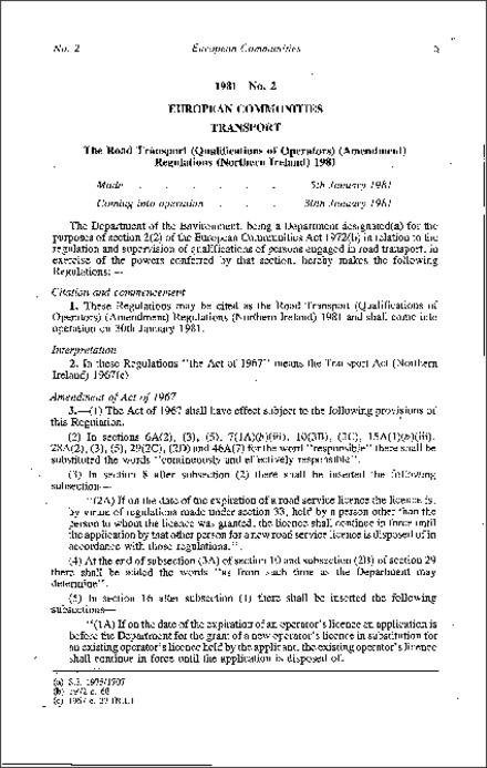 The Road Transport (Qualifications of Operators) (Amendment) Regulations (Northern Ireland) 1981