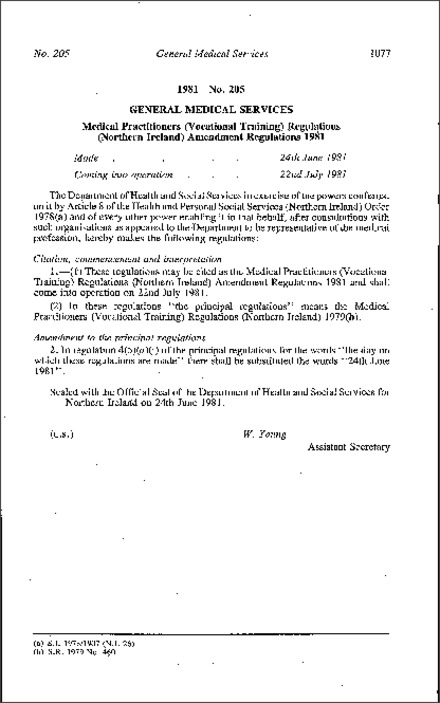 The Medical Practitioners (Vocational Training) Regulations (Northern Ireland) Amendment Regulations (Northern Ireland) 1981