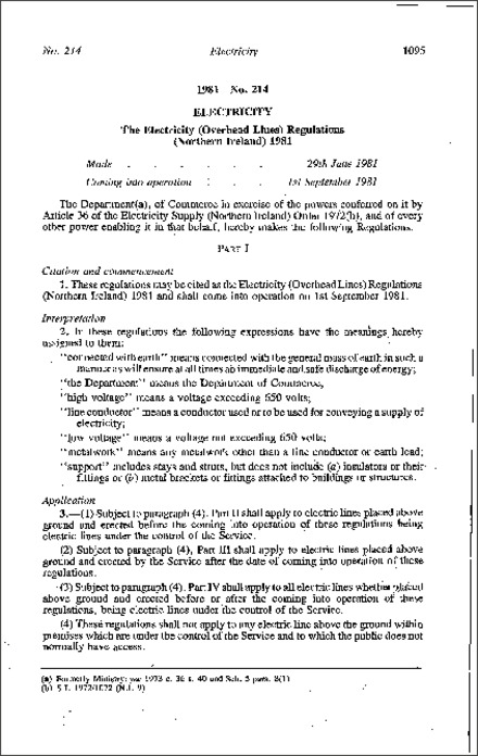 The Electricity (Overhead Lines) Regulations (Northern Ireland) 1981