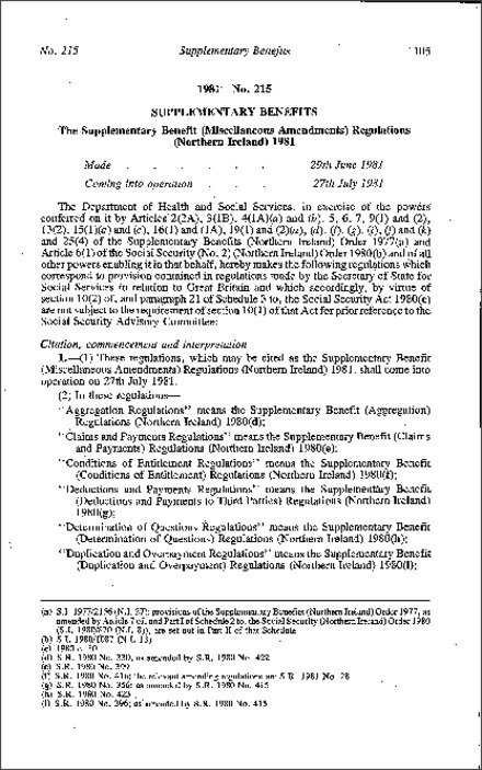 The Supplementary Benefit (Miscellaneous Amendment) Regulations (Northern Ireland) 1981