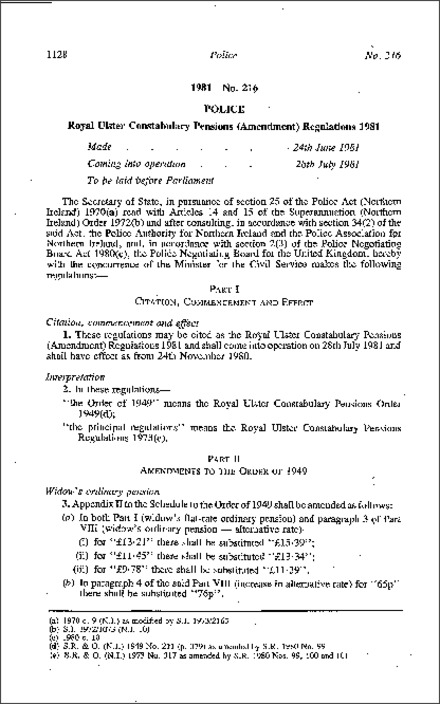The Royal Ulster Constabulary Pensions (Amendment) Regulations (Northern Ireland) 1981