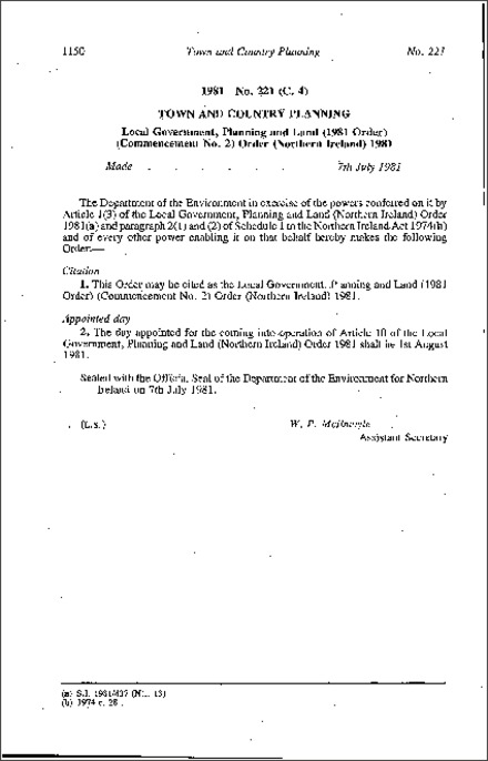 The Local Government, Planning and Land (1981 Order) (Commencement No. 2) Order (Northern Ireland) 1981