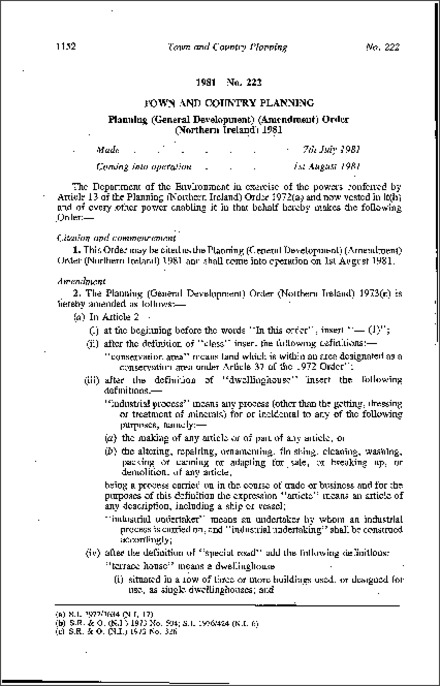 The Planning (General Development) (Amendment) Order (Northern Ireland) 1981